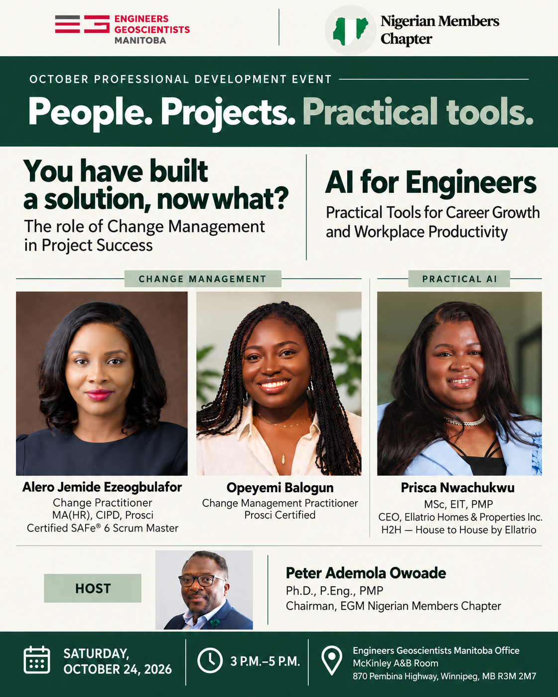 Event flyer — People. Projects. Practical tools. October Professional Development Event, Engineers Geoscientists Manitoba Nigerian Members Chapter, Saturday, October 24, 2026, 3–5 p.m., EGM Office, 870 Pembina Highway, Winnipeg